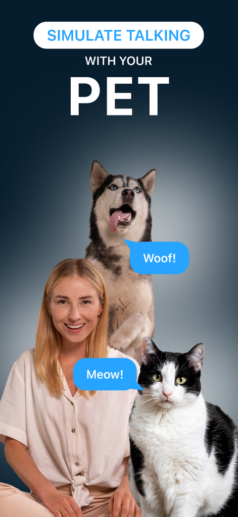 Animal Sound: Training Clicker - 犬と猫と一緒にいる女性が、ペットと話すシミュレーション機能を説明している様子