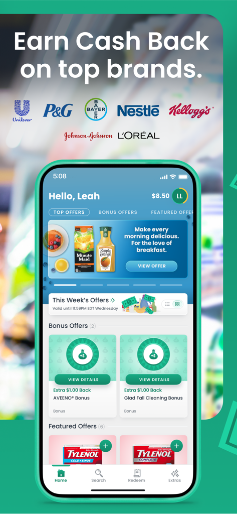 Interfaz de la aplicación móvil Checkout 51 que muestra ofertas de reembolso en comestibles de las principales marcas del hogar.