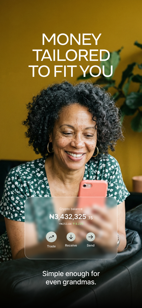 Una mujer usando la aplicación Busha para gestionar su saldo de criptomonedas en Naira nigeriana.