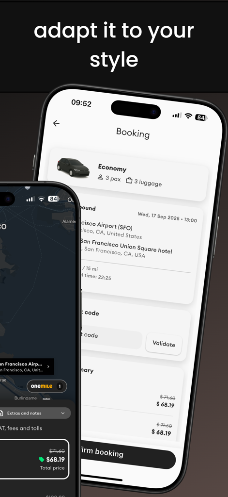 Mobile application screen for booking a professional airport transfer from SFO to a hotel in San Francisco