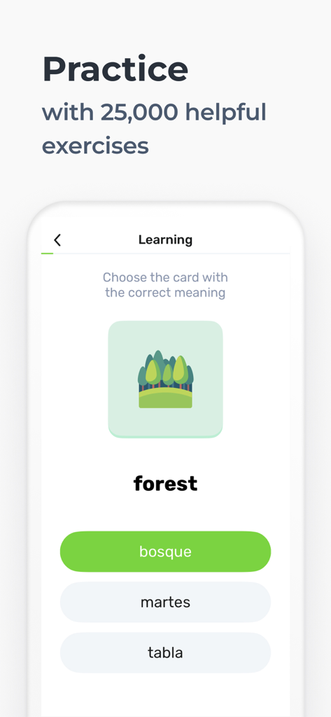 WRD - Learn Words - Captura de pantalla móvil de un ejercicio de vocabulario en español en la aplicación WRD que presenta la palabra bosque y opciones de respuesta múltiple