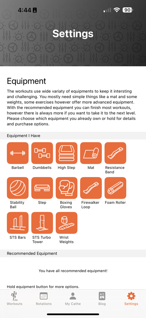 Cathe OnDemand - Equipment inventory screen in the Cathe OnDemand fitness app showing various home workout gear icons