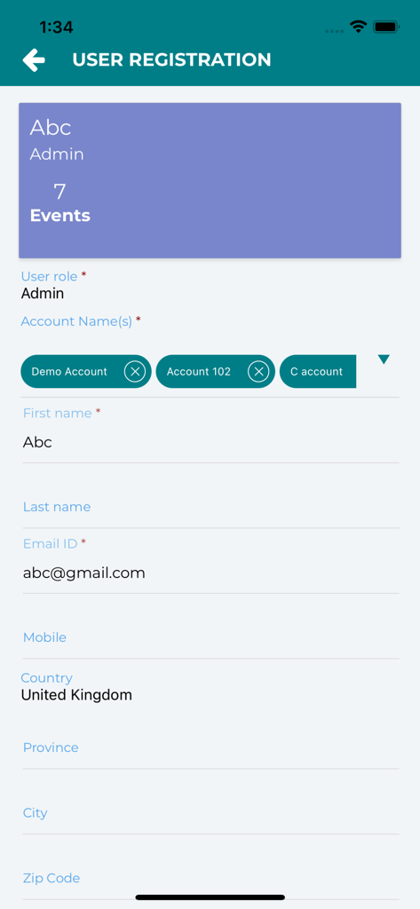 Vision Screening Events App - Tela de registro de usuário para o Aplicativo de Eventos de Triagem de Visão mostrando campos de perfil e funções de conta.