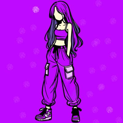 girl in baggy pants crop top and long hair