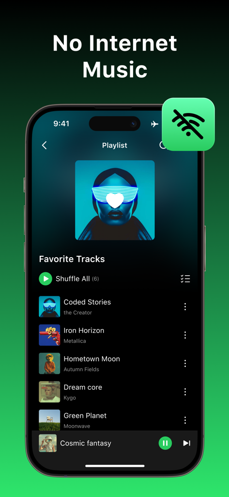 Offline Music & MP3 Player - Schermata dello smartphone che mostra l'interfaccia dell'app Offline Music con una playlist e un'icona di connessione Wi-Fi disattivata.