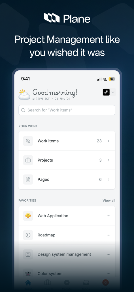 Interfaz del panel móvil de gestión de proyectos de Plane que muestra elementos de trabajo, proyectos y tareas favoritas
