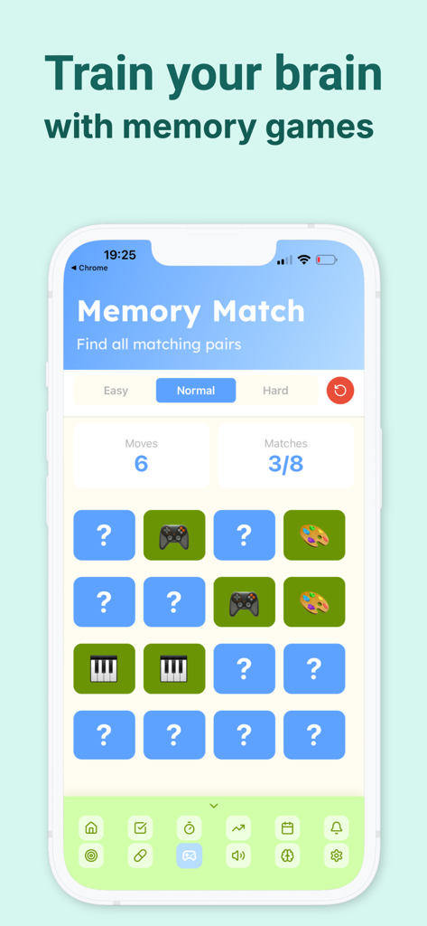 ADHD: Planner & Lifehacks - ADHDのユーザー向けに脳をトレーニングするために設計されたカラフルなアイコンを備えたメモリマッチゲームを示すモバイルアプリ画面