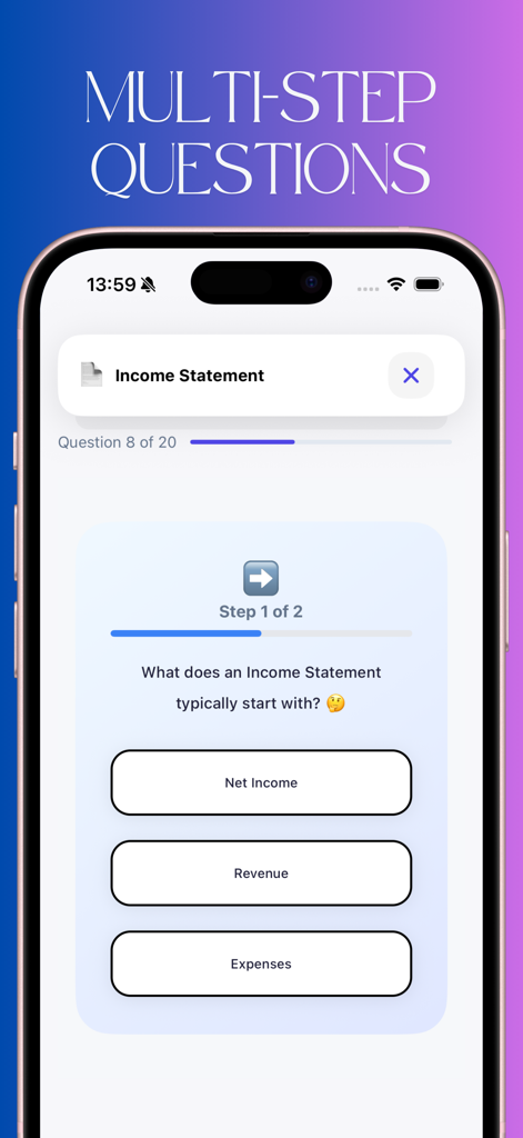 Accounting CPA Quiz Game - Un teléfono inteligente que muestra una pregunta de concurso de contabilidad de varios pasos sobre un estado de resultados.