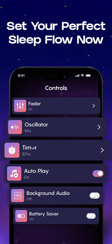 White Noise Sounds For Sleep - タイマーフェーダーやバッテリーセーバーのようなカスタマイズ可能な睡眠コントロールを示すモバイルアプリインターフェース