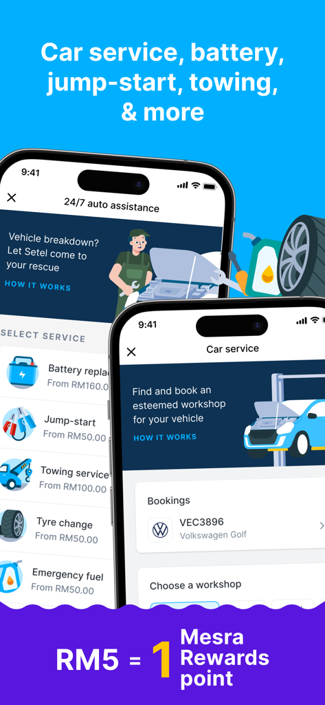 Setel app interface for booking roadside assistance and car maintenance services