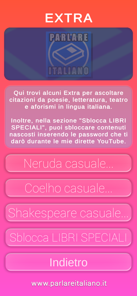 Bildschirm für zusätzliche Funktionen in der Parlare Italiano App mit Optionen für zufällige Zitate von Neruda, Coelho und Shakespeare.