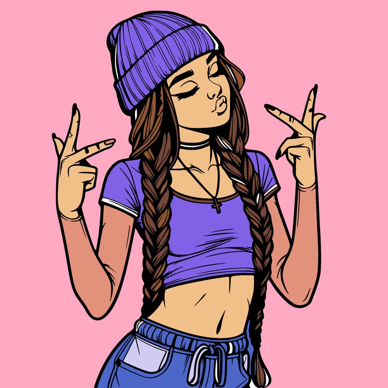 realistic teenage girl with braids and a beanie and crop top doing 🫶🏼