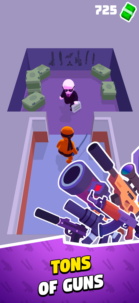 Stealth Master: Assassin Ninja - A ninja character sneaking behind a guard in Stealth Master with various firearms displayed in the foreground