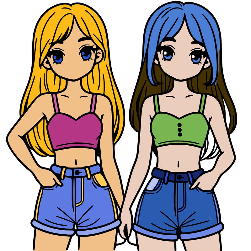 two sisters with crop tops and jean shorts and straight hair