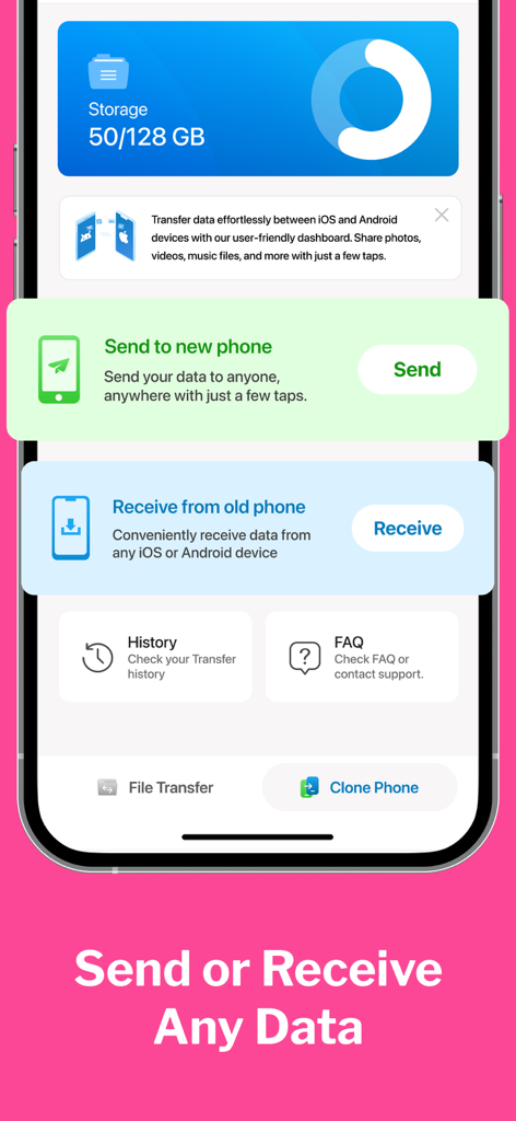 Clone Phone - Smart Switch - Dashboard of Clone Phone Smart Switch app showing send and receive options for mobile data transfer.