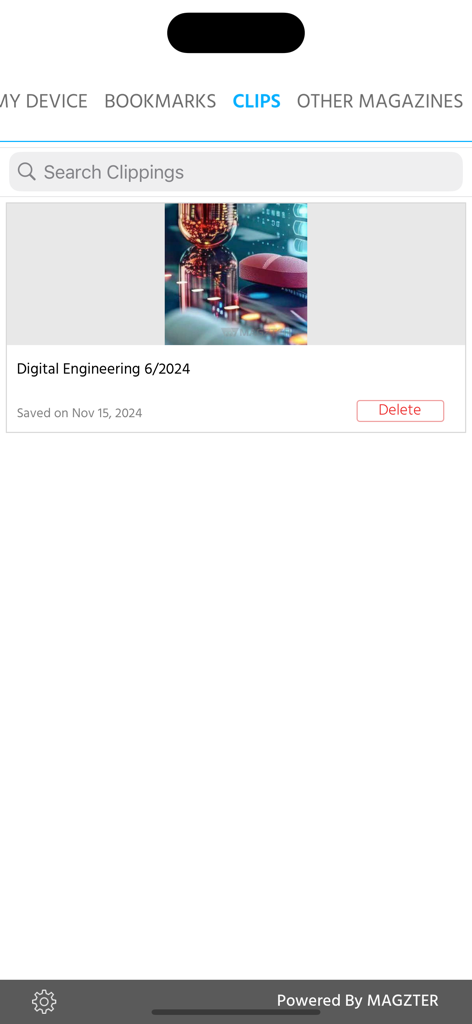User interface of the Digital Engineering app displaying saved article clippings.