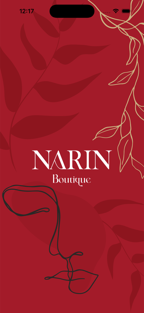 Narin Boutique - Narin Boutique app launch screen featuring a white logo and artistic line art on a deep red background with floral patterns