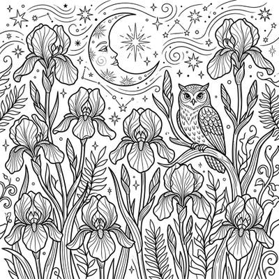 Immerse yourself in a magical nocturnal garden with this intricate Spuria Irises and Night Time coloring page. Discover a serene owl nestled among the elegant flowers, bathed in the soft glow of the crescent moon and twinkling stars.