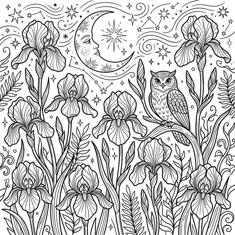 Immerse yourself in a magical nocturnal garden with this intricate Spuria Irises and Night Time coloring page. Discover a serene owl nestled among the elegant flowers, bathed in the soft glow of the crescent moon and twinkling stars.