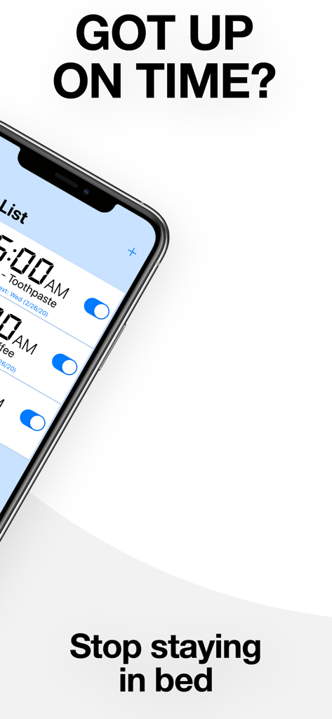 Um smartphone mostrando a interface do Despertador de Código de Barras com uma lista de alarmes matinais que exigem um escaneamento de código de barras para parar