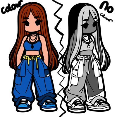 girl in baggy pants crop top and long hair