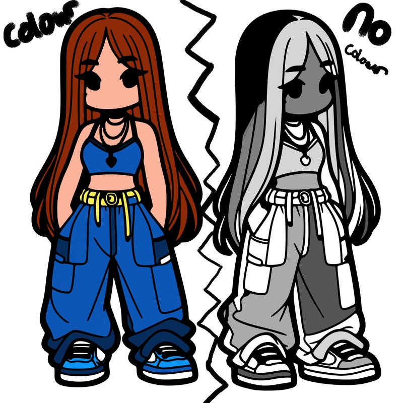 girl in baggy pants crop top and long hair