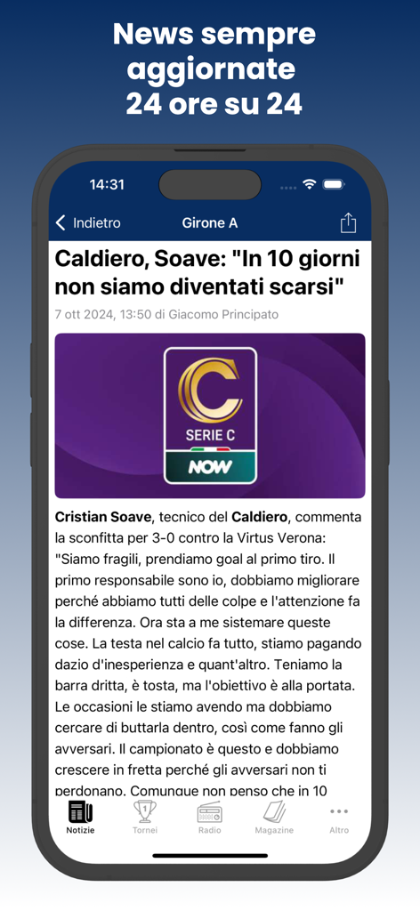 Captura de pantalla de la aplicación Tutto C mostrando un artículo de noticias sobre un equipo de fútbol italiano de la Serie C.