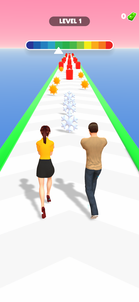 Hug Me Warmゲームで、2人のキャラクターが小道を歩いており、上部に温度計が表示されています。