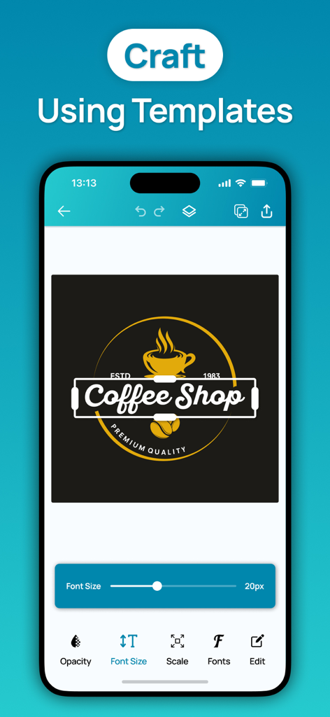 Logo Maker - Business Logo - Mobile app interface showing the editing of a coffee shop logo template with a font size slider tool.