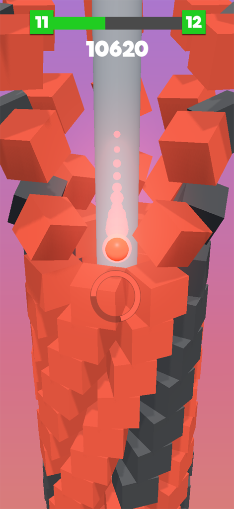 Stack Ball - Tower Blast - A ball smashing through a stack of red blocks in Stack Ball Tower Blast gameplay