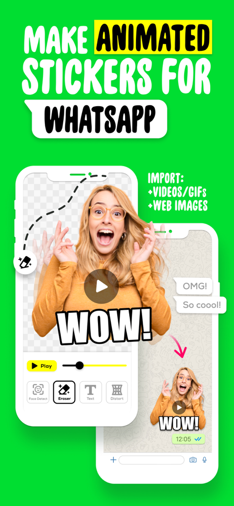 Un écran de smartphone démontrant la création d'un sticker animé avec un outil de suppression d'arrière-plan pour WhatsApp.