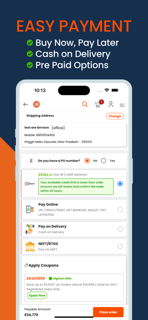 Industrybuying Online Shopping - Pantalla de pago de la aplicación móvil Industrybuying mostrando opciones de pago flexibles como comprar ahora y pagar después y pago contra reembolso