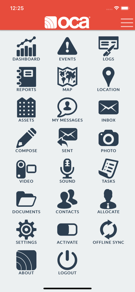 OCA - Haupt-Dashboard der OCA-App mit Symbolen für Krisenmanagement-Tools wie Ereigniskarten und Offline-Synchronisierung