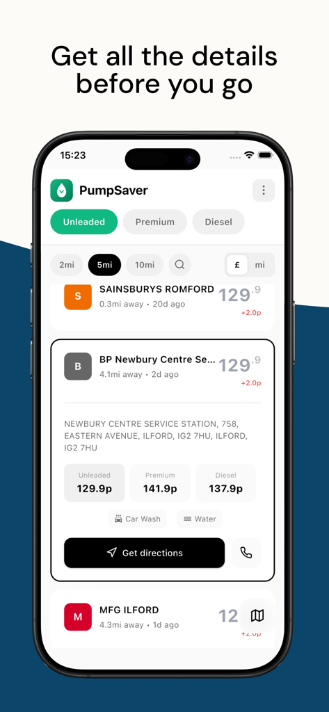 PumpSaver: Live UK Fuel Prices - Eine Detailansicht einer britischen Tankstelle in der PumpSaver App, die Kraftstoffpreise für Benzin, Premium und Diesel sowie Autowaschanlagen und eine Schaltfläche zur Routenplanung anzeigt.