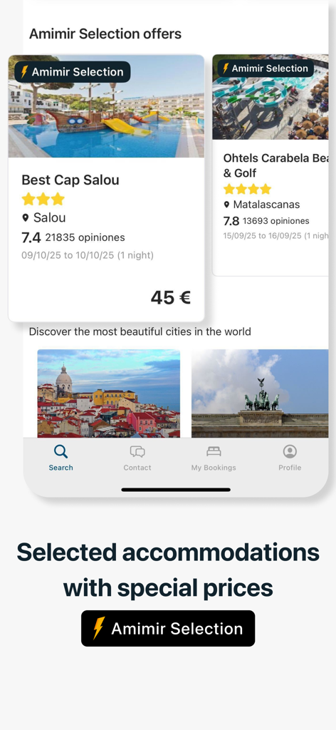 Amimir - Hotel Deal Searcher - Amimir app interface showing hotel deals and selected accommodations with special prices in Europe