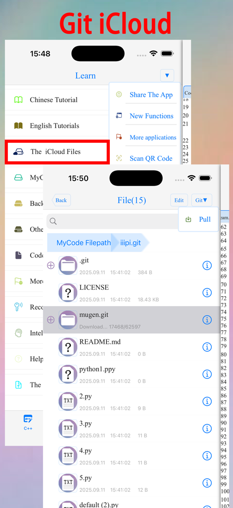 Git integration and iCloud file management interface in the C-C++ programming app