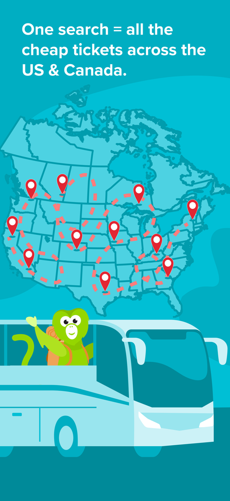 Wanderu: Bus & Train Tickets - Cartoon monkey waving from a bus in front of a map of the US and Canada with multiple travel destination pins.