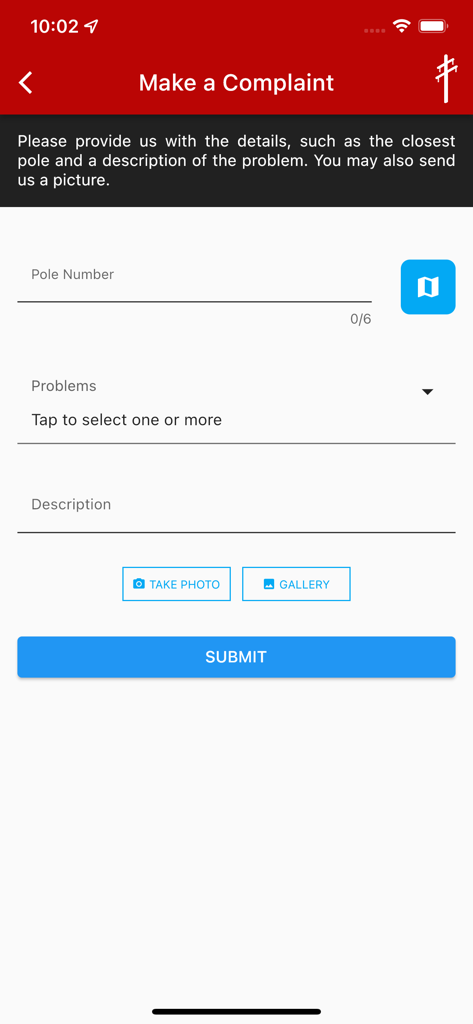 BLPC Connect - BLPC Connect app screen for making a complaint with fields for pole number and photo attachments