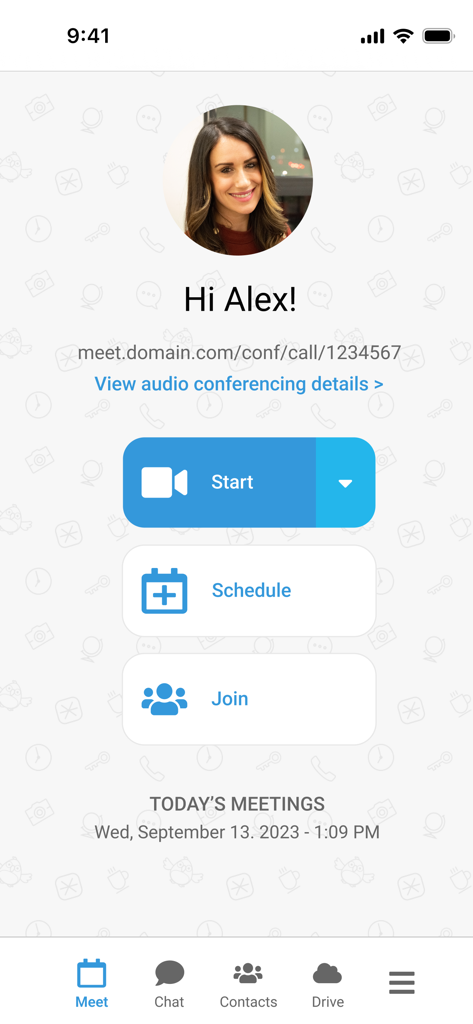 FreeConference.com - Dashboard of the FreeConference.com mobile app featuring start schedule and join meeting buttons