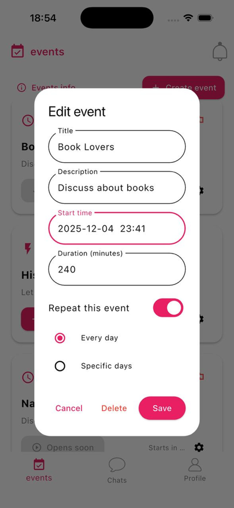 HAYO-Community - HAYO app screen for editing a community micro event titled Book Lovers