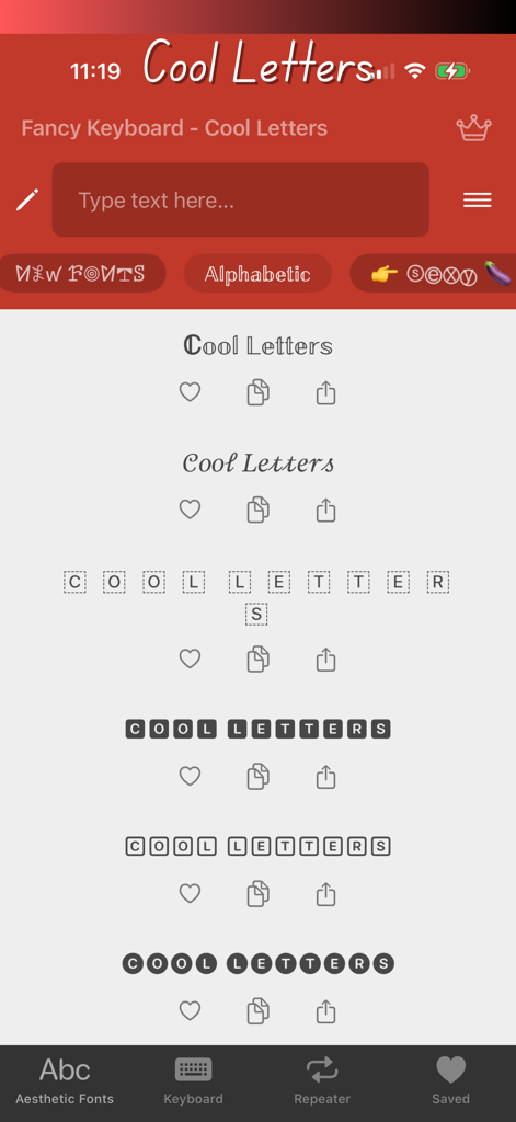 Fancy Keyboard - Cool Letters - Une liste de différents styles de polices esthétiques pour le texte Lettres Stylées dans l'application Fancy Keyboard