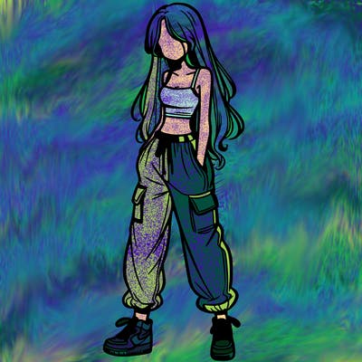 girl in baggy pants crop top and long hair