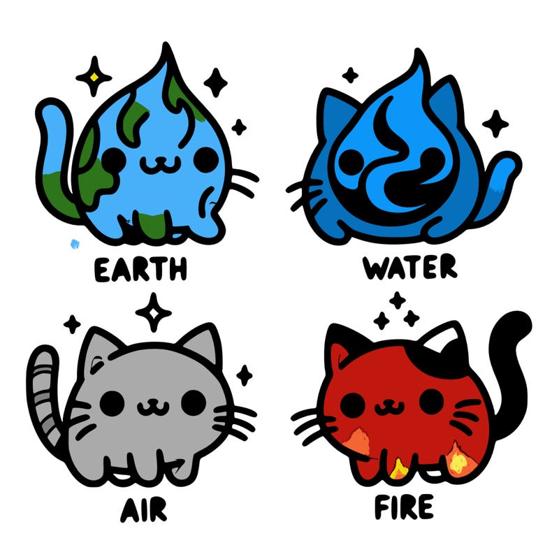 4 cats that represent the different elements, earth, water, air, and fire
