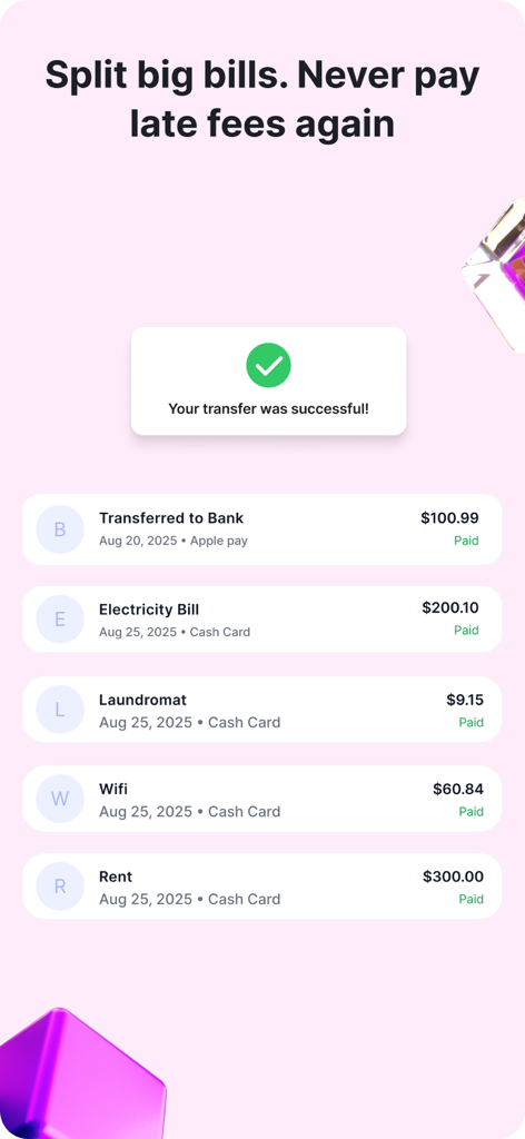 Earnifi: Rent, Early Pay, Cash - Earnifi app interface showing a successful transfer and a list of paid bills including rent and utilities