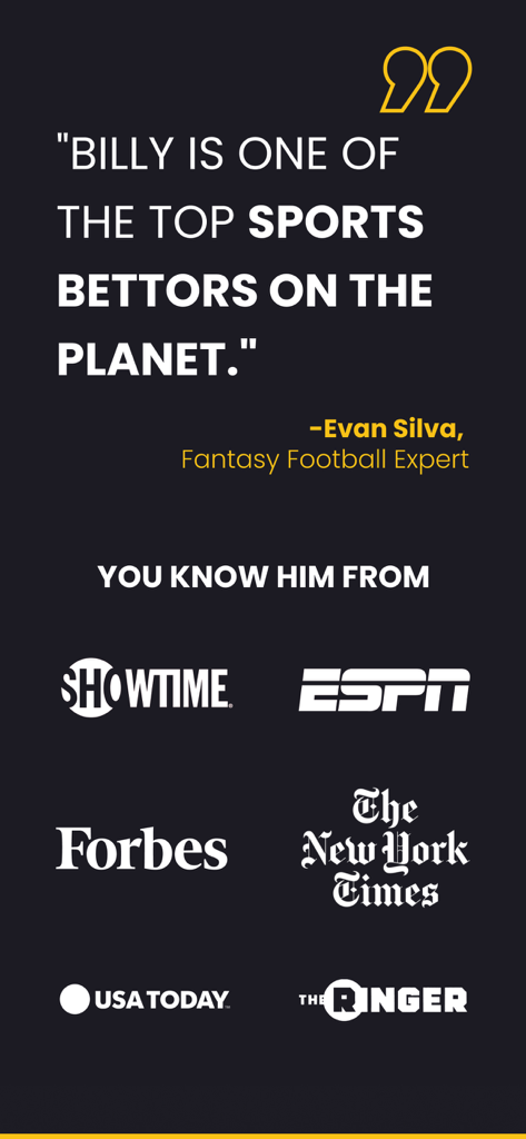 KrackWins - KrackWins app screen showing a testimonial by Evan Silva and logos from ESPN Forbes Showtime and The New York Times