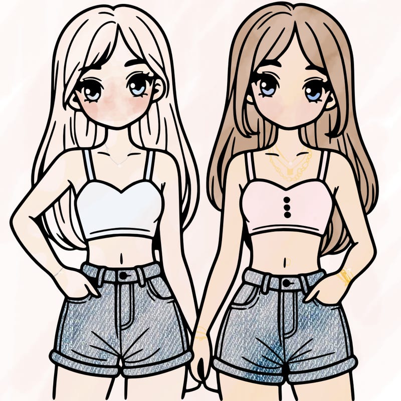 two sisters with crop tops and jean shorts and straight hair