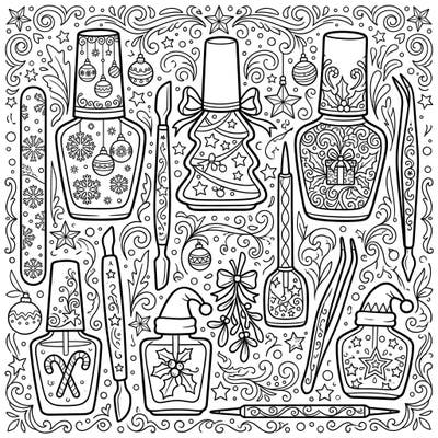 Dive into holiday glam with this unique Christmas nail polish coloring page, perfect for beauty enthusiasts. Unleash your creativity by adding vibrant hues to festive bottles, detailed tools, and sparkling Christmas elements.