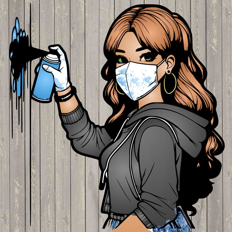 realistic girl with mask spray painting a wall