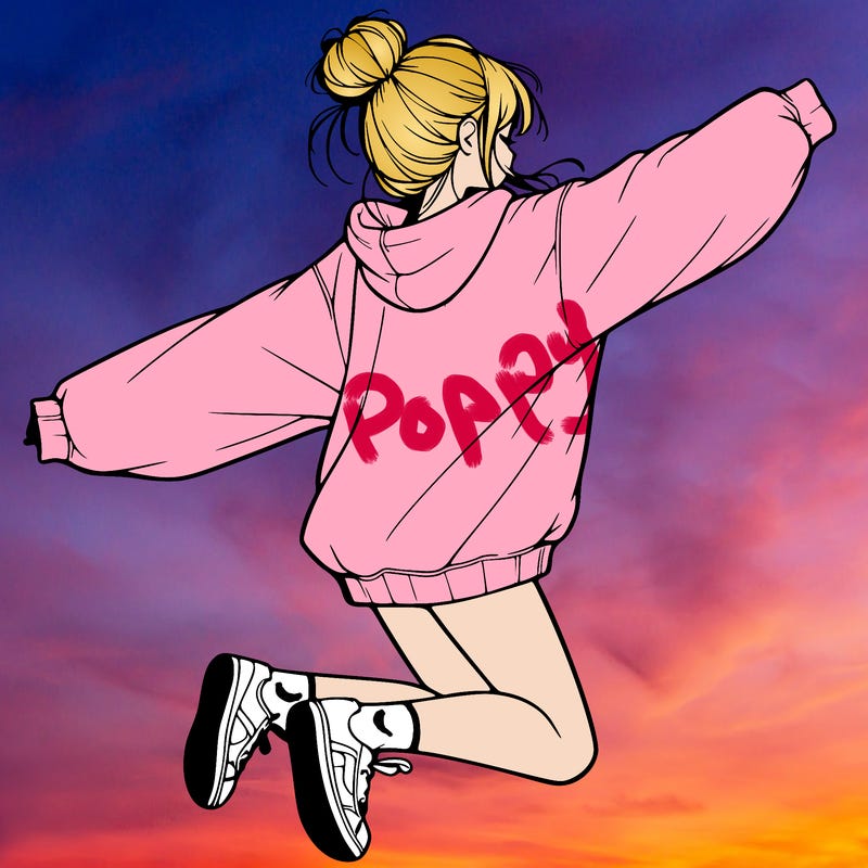 realistic girl jumping with a bun and oversized sweatshirt