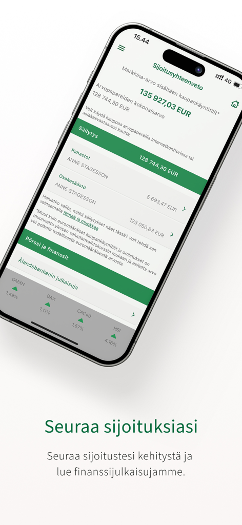 Zusammenfassungsbildschirm des Investment-Portfolios in der Alandsbanken Mobile-App mit Vermögenswerten und Markttrends